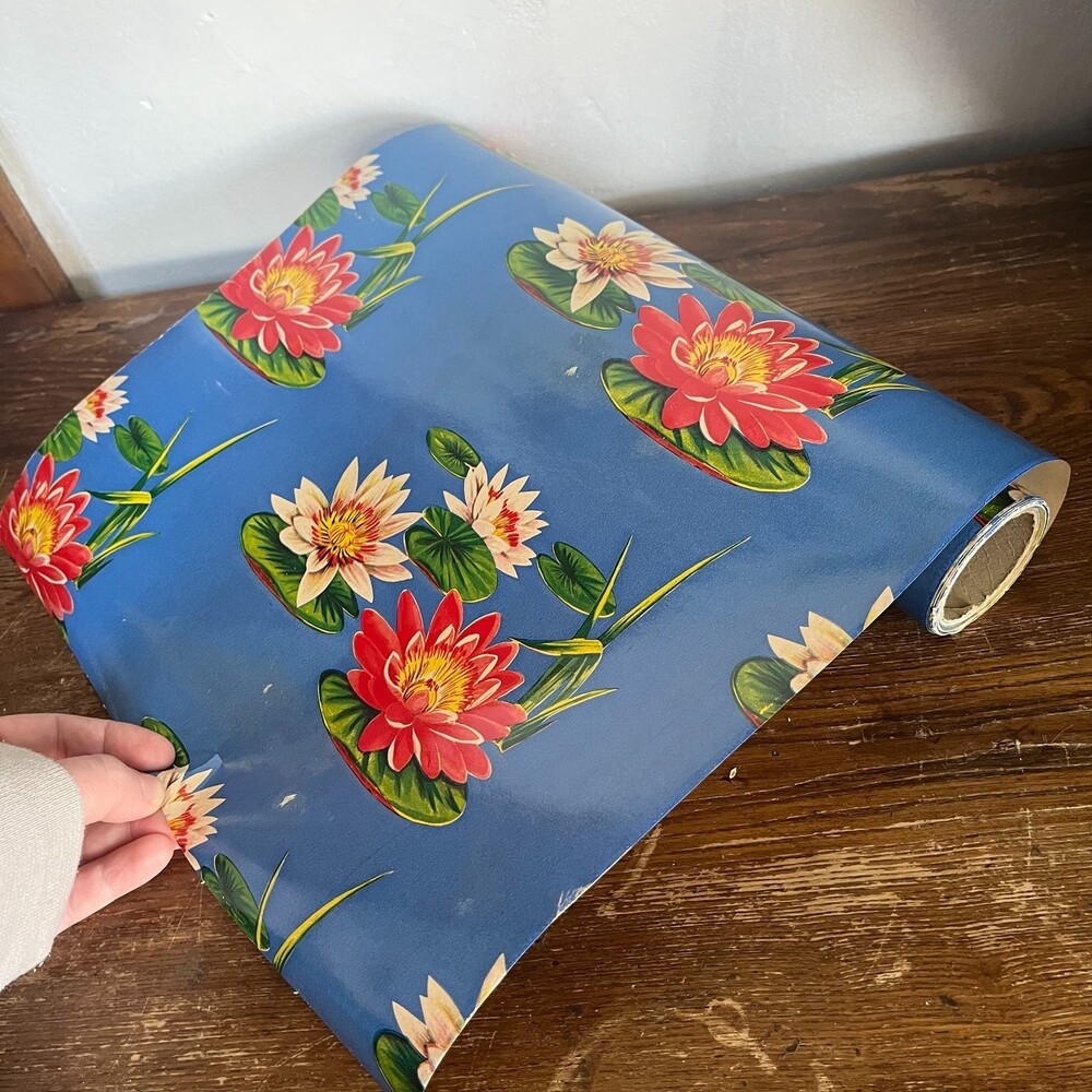 VTG Blue Water Lily Floral Wrapping Paper Partial 13.5" Roll Retro Gift Wrap 60s